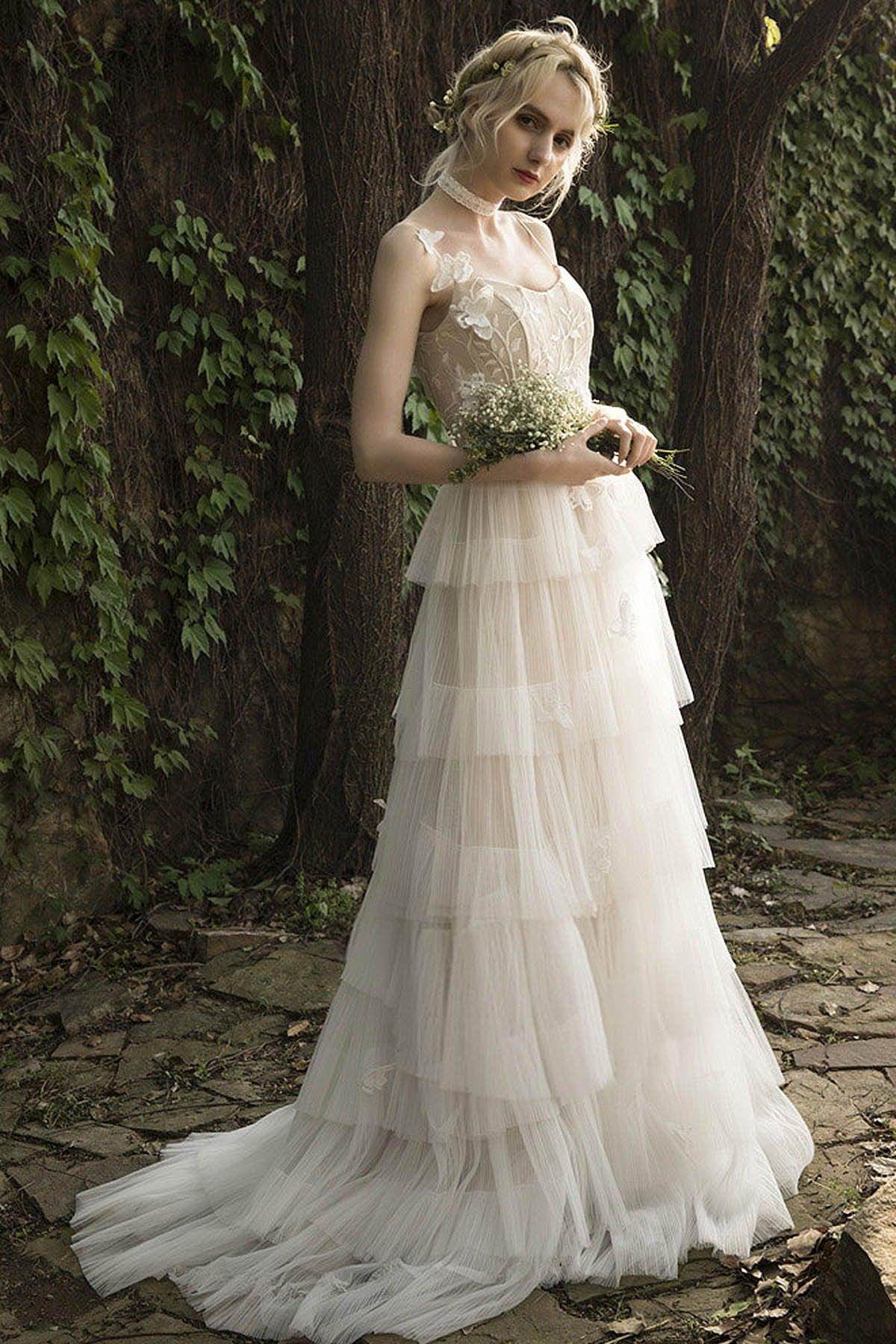 A-Line Sweep-Brush Train Lace Tulle Wedding Dress CW3021 - COCOMELODY